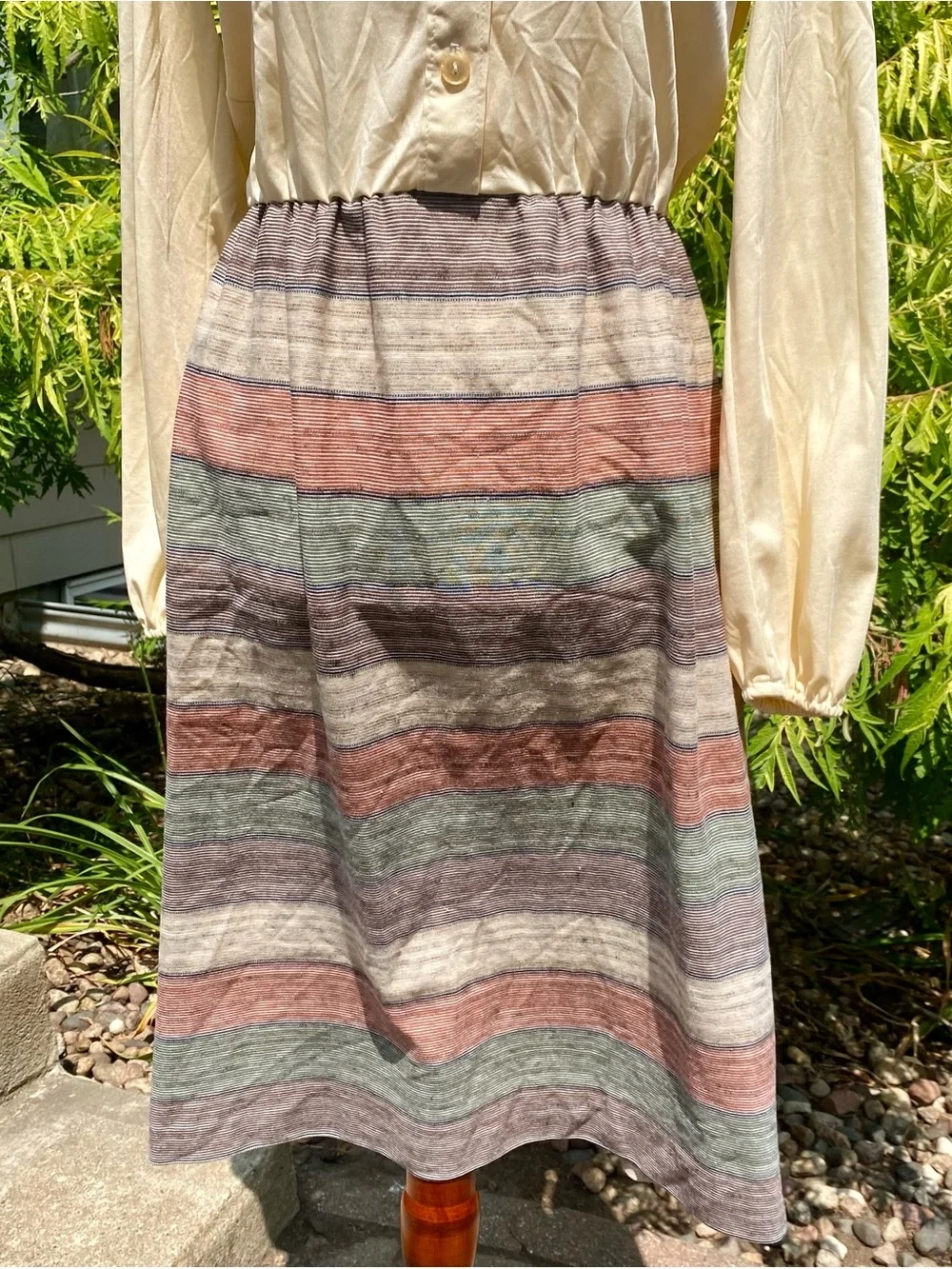 Vintage 70’s Kay Windsor Earth Tone Striped Dress and Vest Outfit Medium Large